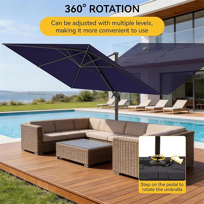9x12 FT Cantilever Patio Umbrella with Base, Large Rectangular Offset Outdoor Umbrella with 360° Rotation, Heavy Duty Shade Umbrella for Garden Backyard Deck Poolside Courtyard, Navy Blue