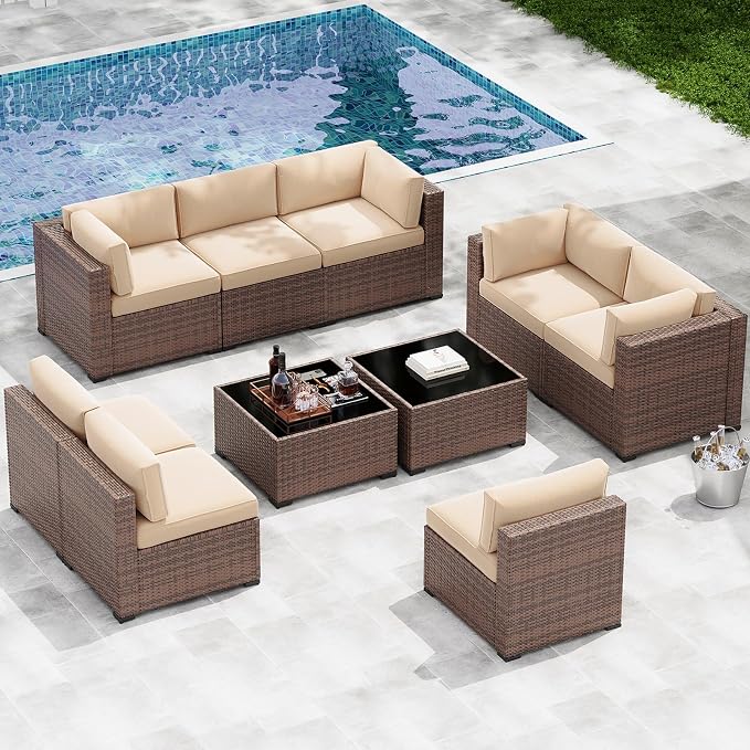LazySunsets 10-Piece Patio Furniture Set, Wicker Rattan Outdoor Furniture with Thick Cushions, Patio Conversation Sets with Coffee Table, Outdoor Sectional Couch Sofa, Beige
