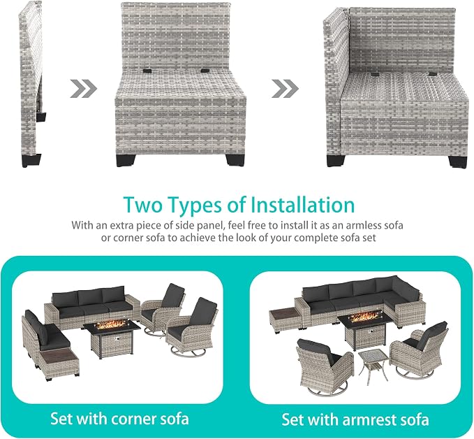 10-Piece Outdoor Patio Furniture Set with Rocking Swivel Chair, PE Wicker Rattan Sectional Sofa Patio Conversation Set with 55,000 BTU Fire Pit Table & Coffee Table, Dark Grey