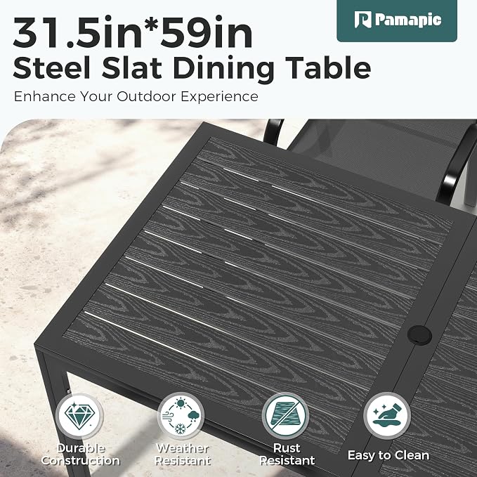 Pamapic Outdoor Dining Sets for 6, Rectangular Steel Slat Table with 6 Textilene Chairs, 7 Piece Patio Table and Chairs Set with Umbrella Hole for Patio, Backyard, Poolside (Black, No Umbrella)