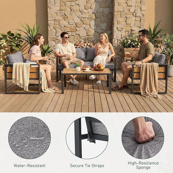 Furnimart Patio Furniture Set, 4-Piece Metal Outdoor Sectional, 4-Seat Patio Conversation Set with Deep Seating, Thick Cushions & Coffee Table for Backyard, Porch & Deck, Gray