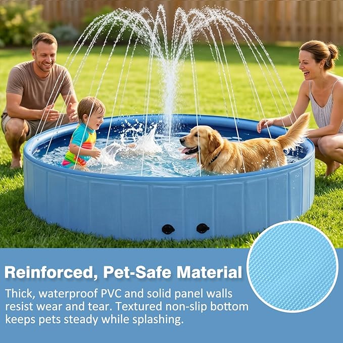 Eooqi Foldable Dog Pool with Sprinkler, 87 Inch Extra Large Thickened Splash Pool, 2-in-1 Outdoor Summer Water Play Toy, Non-Slip Hard-Side Kiddie Pool for Backyard Dogs, Kids & Pets (Blue, 87"-5XL)