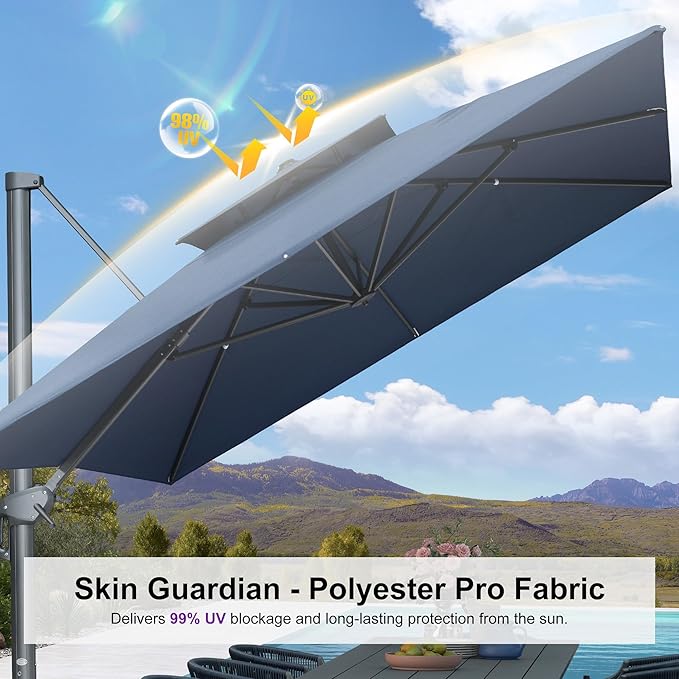 PURPLE LEAF 9' x 12' Cantilever Patio Umbrella Outdoor Umbrella with 280lbs Base Large Rectangular Windproof Offset Umbrella for Pool Deck Garden, Ocean Slate