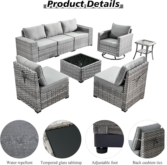 HOOOWOOO Outdoor Patio Sectional Furniture Sofa Set with Swivel Rocking Chair,8 Piece Modern Wicker Couch with Widened Armrest,Modular Conversation Seating Set for Garden(Dark Grey)