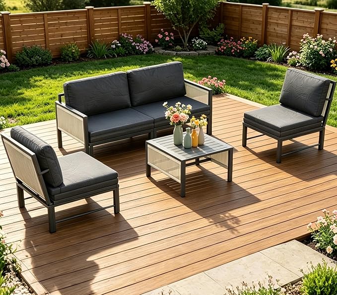 AECOJOY Aluminum Patio Sectional Sofa Set with Coffee Table, 4-Seat | Outdoor Conversation Set, Porch & Deck Use, Includes Central Table, Sectional Couch