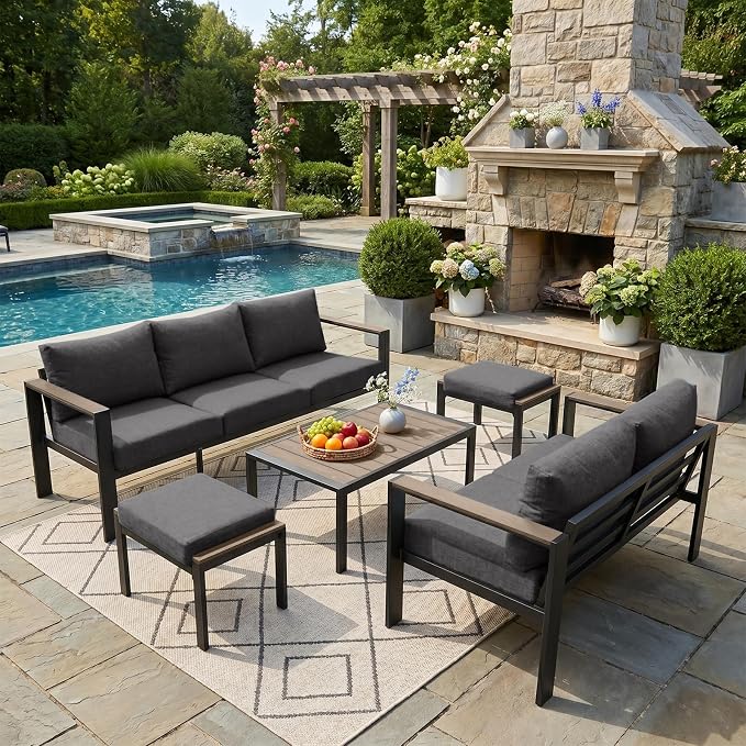 Patio Furniture Set 7 Seats and Coffee Table, 5 Pieces Patio Conversation Set with Thick Cushion, Ottomans, Deluxe Aluminum Modern Outside Sectional for Porch, Balcony, Deck, Yard, Dark Gray