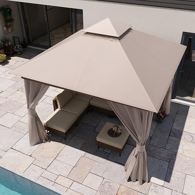 LAUSAINT HOME 10'x10' Outdoor Gazebo, Metal Frame Heavy Duty Patio Canopy Tent Shelter with Double Roofs, Mosquito Nettings and Privacy Screens for Backyard, Garden, Lawn, Khaki
