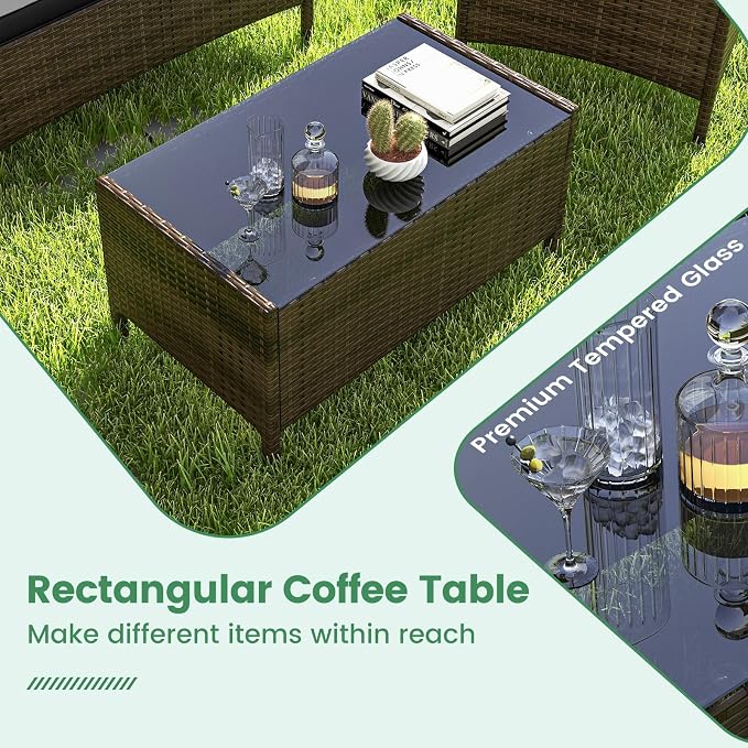 RELAX4LIFE 4-Piece Patio Furniture Set - Rattan Outdoor Conversation Bistro Set w/Cushions, Glass Coffee Table, Wicker Chairs & Loveseat for Garden Backyard Porch, Balcony Furniture Set (1, Black)