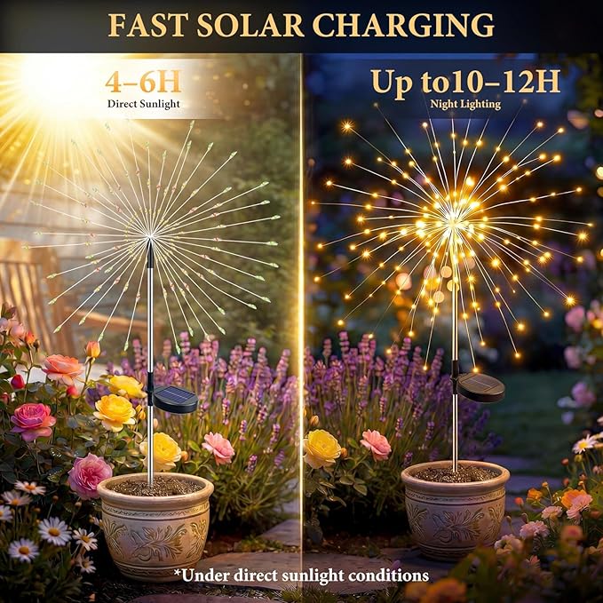 Solar Firework Lights, 6 Pack 120 LEDs 8 Lighting Modes Twinkle Solar Garden Lights Outdoor Waterproof for Yard Patio Walkway Pathway Party Wedding Balcony Decorative- Warm White