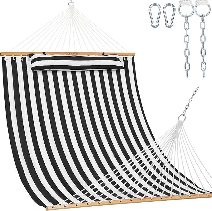 Lazy Daze Hammocks 12FT Quilted Fabric Double Hammock with Spreader Bars and Detachable Pillow, 2-Person for Outside Patio Poolside Backyard Beach, 450 lbs Capacity, Black White
