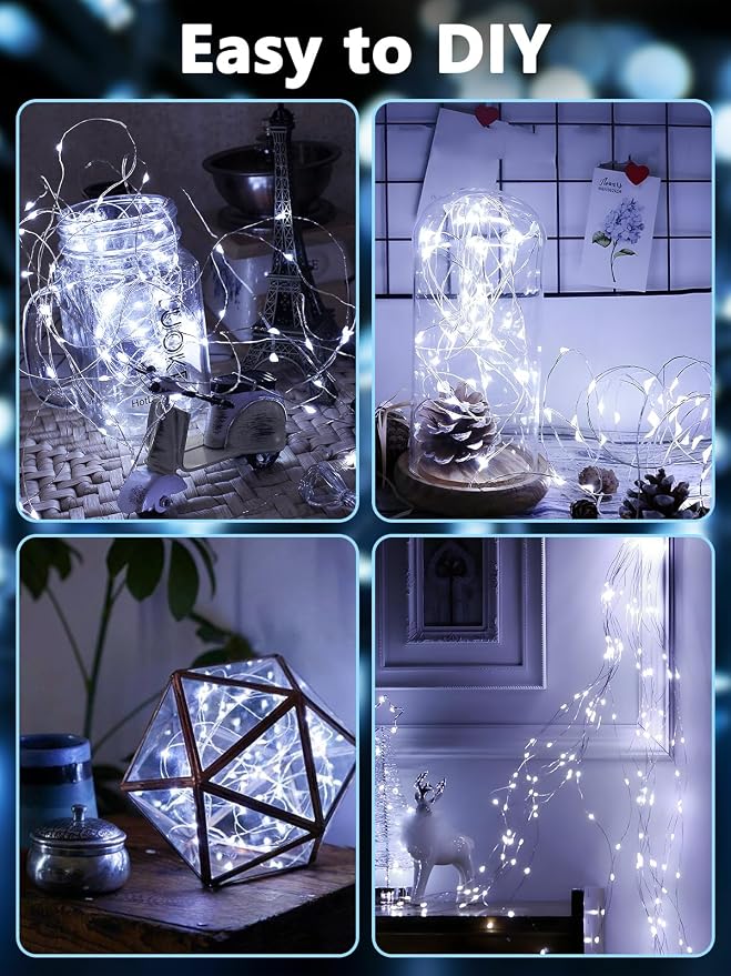 4 Pack Fairy Lights Battery Operated with Remote 33 FT 100 LED Cool White | Remote Control, 8 Modes, Timer, Adjustable brightness, Waterproof Lights for Indoor Outdoor Classroom Christmas Decor