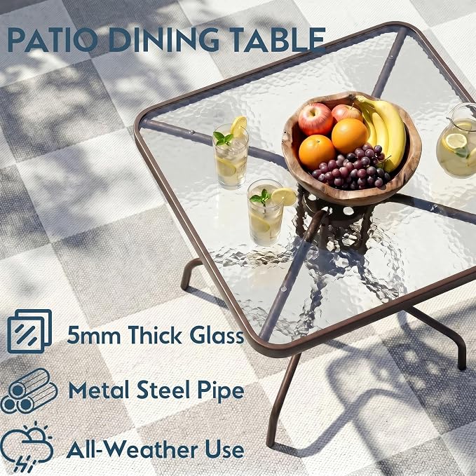 Arlopu 5 Piece Outdoor Patio Dining Set (Umbrella not Included), Porch Furniture with 4 Textline Chairs, 1 Square Glass Table for Garden, Backyard and Poolside, Lawn (Beige)