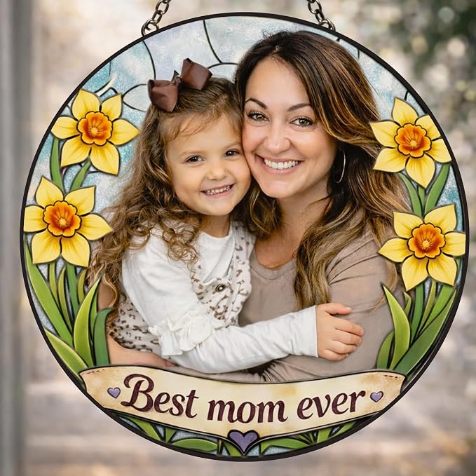 Personalized March Daffodil Birth Flower Stained Glass Suncatcher – Custom Photo & Name Window Hanging Keepsake Gift for Mom, Grandma, Mother’s Day or March Birthday