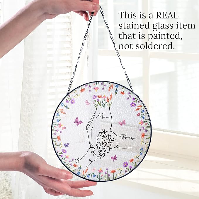 Personalized Family Hand Holding Suncatcher - Custom Number of Hands & Names - Stained Glass Window Hanging - Mother's Day, Birthday Gift for Mom, Grandma (Mom Hand Holding Kids)