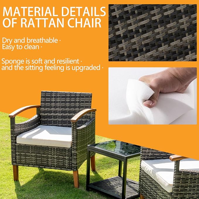 3 Pcs Outdoor Patio Furniture Sets, Outdoor Patio Rattan Chair with Side Coffee Table, Conversation Set Outdoor for Yard Garden Backyard Lawn (Gray)