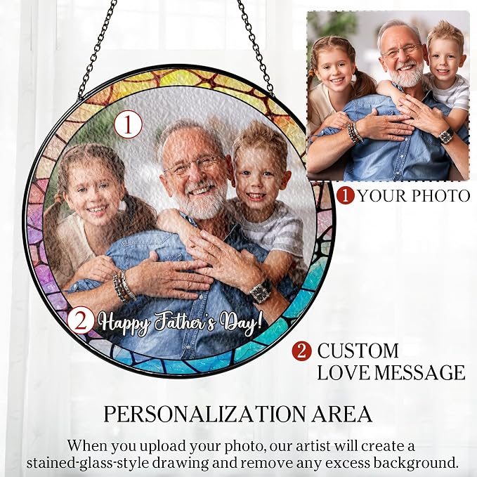 Custom Photo Stained Glass Window Hanging Suncatcher 2026, Personalized Family Picture Sun Catcher with Custom Text, Father's Day Birthday Gift for Dad, Papa, Grandpa, Husband