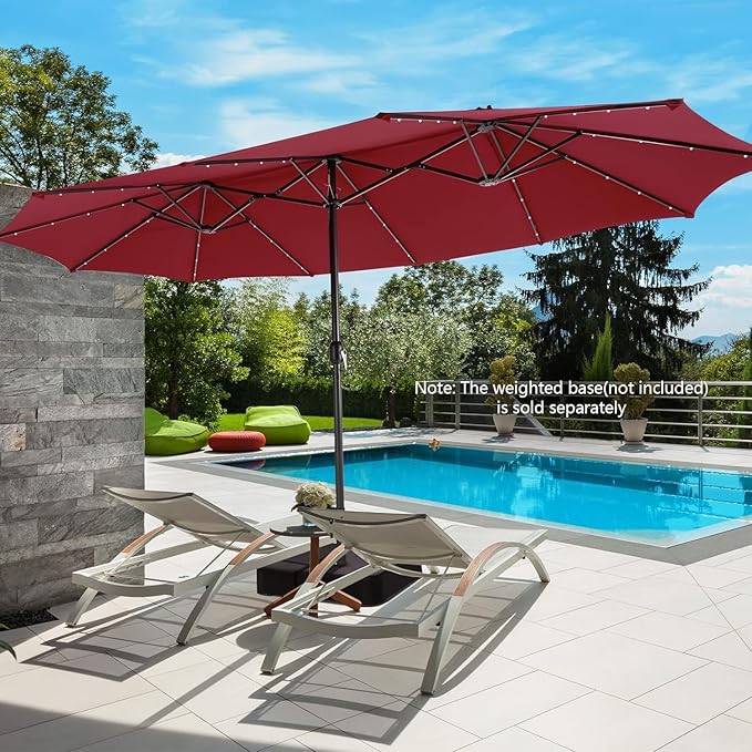 15ft Large Patio Umbrella with 3 Solar panels, 48 Solar LED Lights Base NOT Included, Outdoor Double-Sided Rectangle Market Umbrella with Crank Handle, Perfect for Pool, Lawn, and Garden (Pole Diameter 1.9 inch)