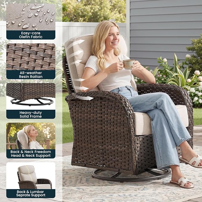 High Back Luxury Patio Furniture Set with 6-inch Thick Cushion, Swivel Rocker Patio Chairs Set of 4 with Outdoor Couch, 8 Piece Wicker Conversation Set for Deck Yard Garden Balcony Beige