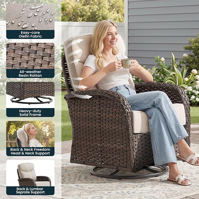 Luxury 6-Inch Cushion Outdoor Patio Furniture Set with Ottoman, Outdoor Swivel Rocker Patio Chairs with Side Table, Wicker Conversation Set for Deck Porch Garden Balcony and Poolside Beige