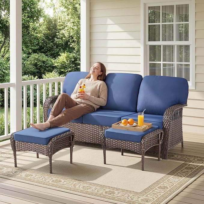 Belord Patio Wicker Swivel Rocker Patio Chairs with 3-Seater Sofa, Outdoor Rattan Chairs for Deck Porch Poolside, 9 Piece Patio Conversation Furniture Set,Blue