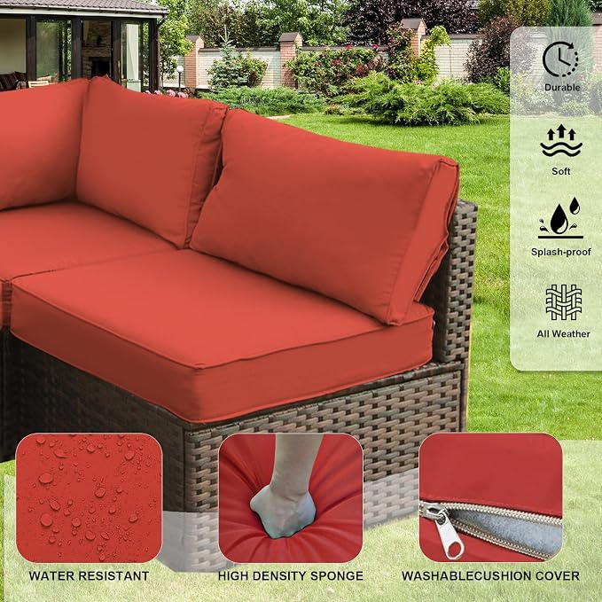 Grezone Patio Furniture Set,7 Piece Patio Furniture Set with Fire Pit Table,PE Wicker Rattan Sectional Sofa Patio Conversation Set with Thickened Cushions, Red