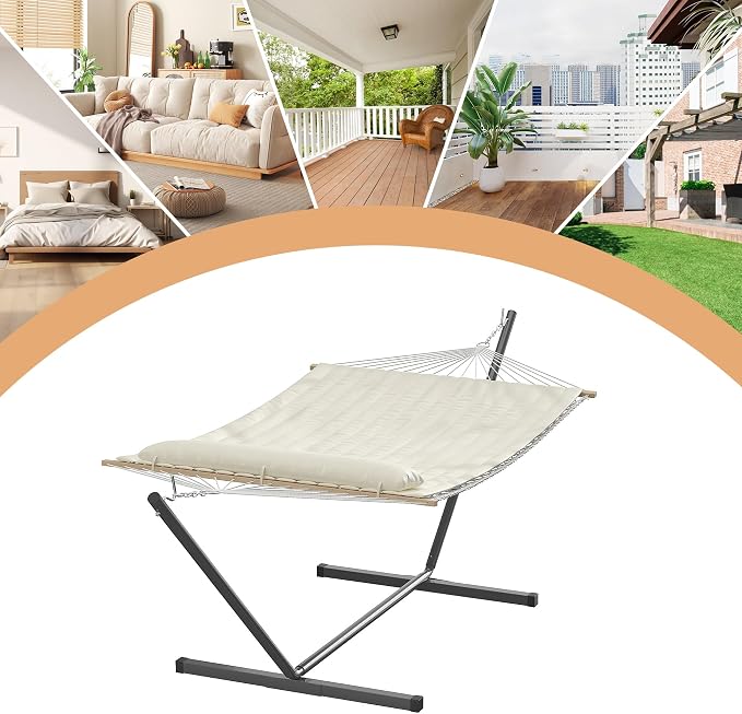 Double Hammock with Stand for 2 Person, 450 Lbs Capacity Heavy Duty Cotton Rope Hammock with Steel Space-Saving Stand, PP Cotton Pad & Pillow, Portable for Backyard, Garden, Patio, Indoor Outdoor Use
