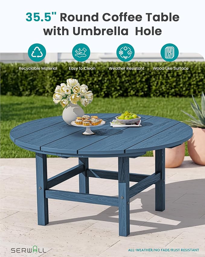 SERWALL 6-Piece Patio Set, 4 Folding Adirondack Chairs with Cup Holders, Round Table & Center Pole Umbrella, HDPE Plastic, Blue