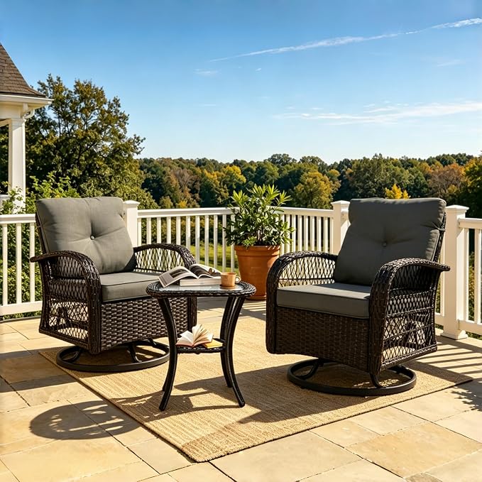 SHGJ&SOFT 3 Piece Patio Furniture Set, 2 Outdoor Swivel Rocking Chairs with Side Table, Wicker Glider Chairs, All-Weather Rattan Bistro Set for Porch, Deck, Pool (Grey, Brown Open-Weave Rattan)