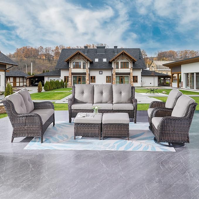 Rilyson Wicker Patio Furniture Set - 6 Piece Rattan Outdoor Sectional Conversation Sets with 2 Rocking Swivel Chairs,2 Ottomans,1 Sofa and 1 Loveseat for Porch Deck Garden(Brown/Grey)