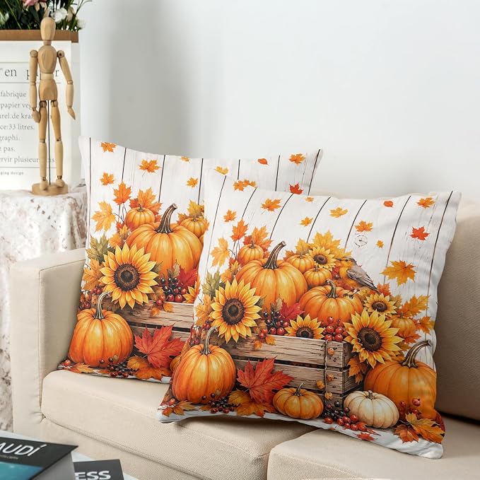 Autumn Pumpkin Throw Pillow Covers Fall Pillow Covers 18x18 Set of 2 Thanksgiving Maple Leaf Pillow Cases Harvest Sunflowers Cushion Cases for Sofa Couch Porch Patio