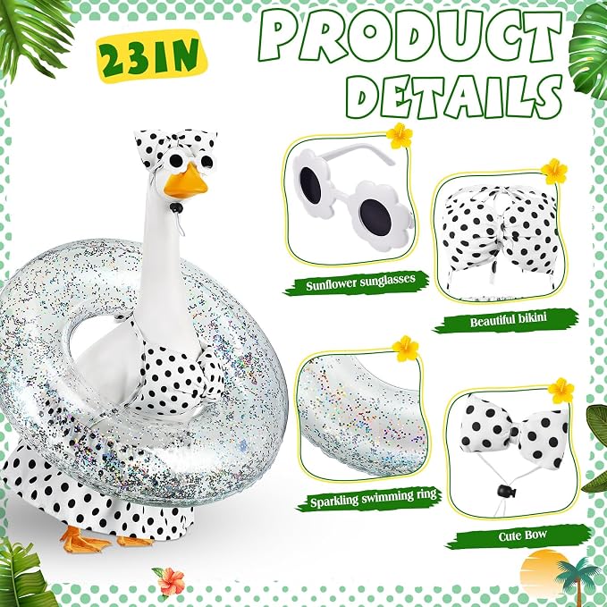 Bikini Porch Goose Outfits with Sunglasses and Swimming Tube for 23" Summer Goose Costume Garden Patio Statue Decor(Black Polka Dots)