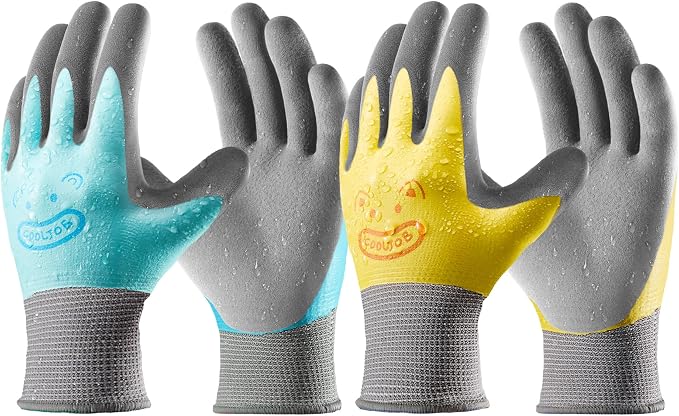 COOLJOB Double Coated Kids Gardening Gloves with Grip, Non-Slip Waterproof Rubber Work Gloves for Boys and Girls Ages 6-9, Anti-slip Durable and Super Soft, Blue & Yellow, 2 Pairs, Large