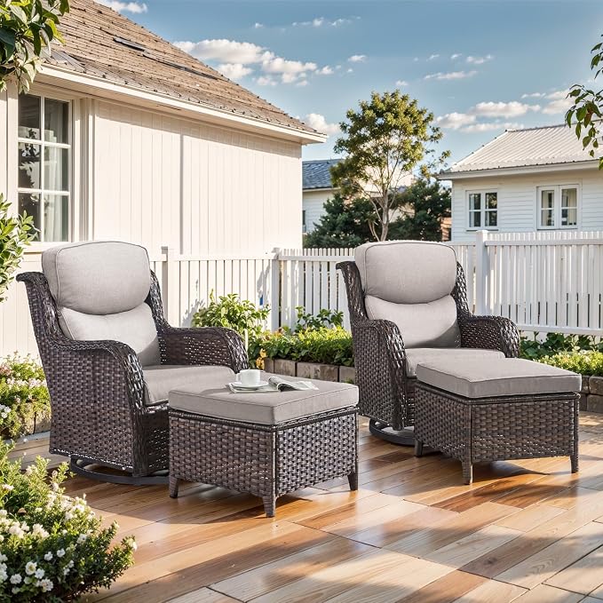 Outdoor Swivel Rocker Patio Chairs with 2 Ottomans - 5" Thick Cushion 4 Piece Furniture Set All Weather Comfortable Wicker Conversation Set for Porch Poolside and Deck - Brown/Beige
