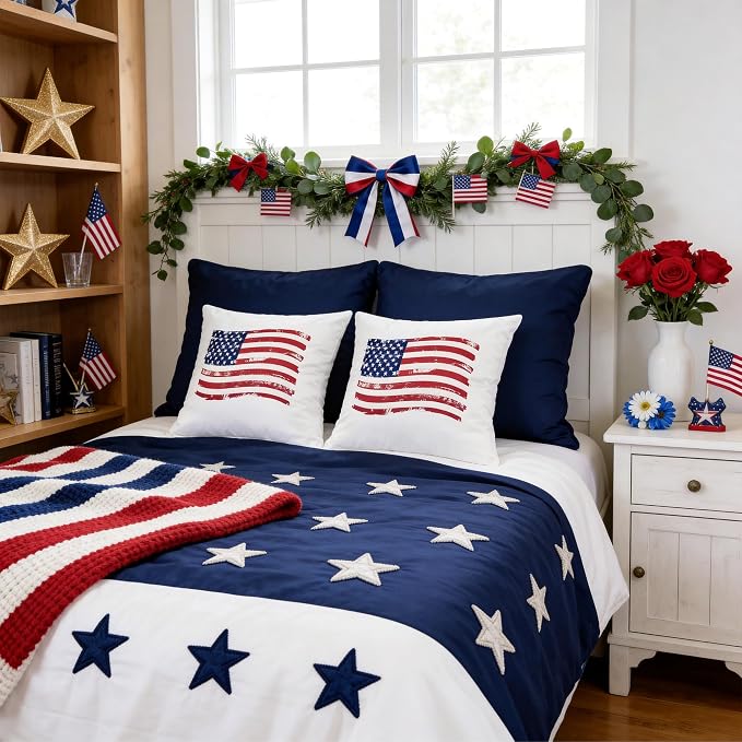4th of July Pillow Covers 18x18 Inch Set of 2 | Red White Blue Patriotic Summer Outdoor Throw Pillow Covers, USA Flag Independence Memorial Day Cushion Case for Sofa Couch