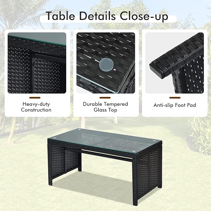 Goplus Rattan Patio Furniture Set 4 Pieces, Outdoor Wicker Conversation Sofa and Table Set with Soft Cushions & Tempered Glass Coffee Table for Balcony Garden Backyard (Blue)