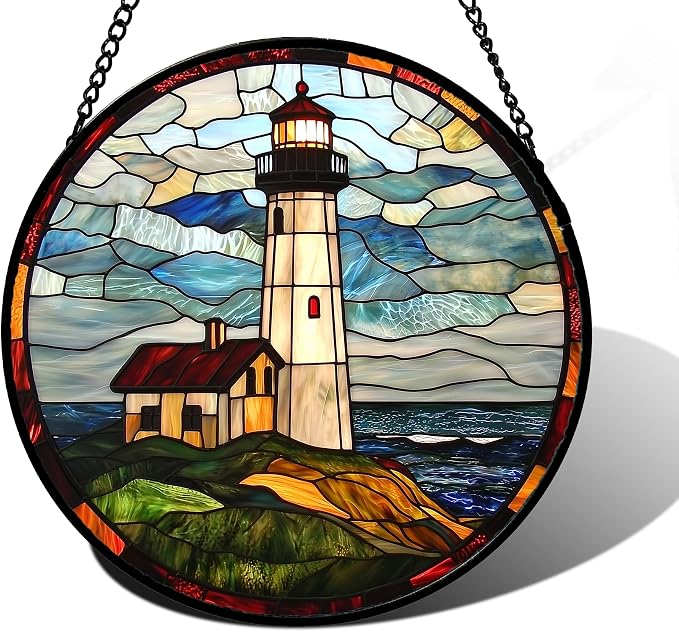 DASTOLL Stained Glass Window Hanging, Ocean Lighthouse Sun Catchers Glass Panel Blue Green Suncatcher Decor for Birthday for Women, Men, Wife, Aunt, and Mom 7.8 in