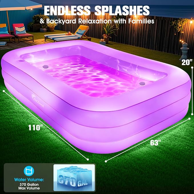 Inflatable Pool with Seat and Pool Lights, Durable Thickened Large Size Inflatable Pools for Adults Blow Up Pools,110" x 63" x 20"Swimming Inflatable PooI for Backyard,Outdoor (Cyan)