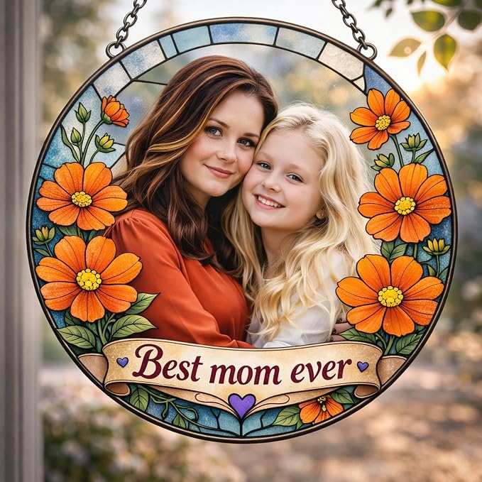 Personalized October Cosmos Birth Flower Stained Glass Suncatcher – Custom Photo & Name Window Hanging Keepsake Gift for Mom, Grandma, Mother’s Day or October Birthday