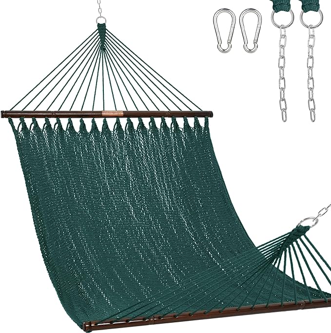 Lazy Daze Hammocks 10.5 FT Double 2 Person Caribbean Rope Hammock, Hand Woven Polyester Hammock with Spreader Bars, for Outside Outdoor Backyard Patio Poolside, 450 LBS Capacity, Green