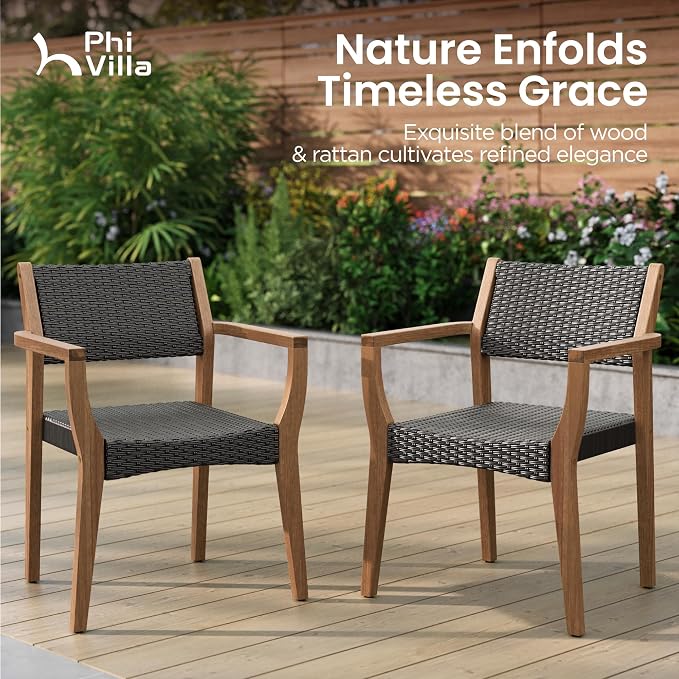 PHI VILLA Patio Acacia Wood Dining Chairs w/Wicker Back & Seat, 2PCS | Teak farmhouse armchairs for outdoor deck, porch, backyard