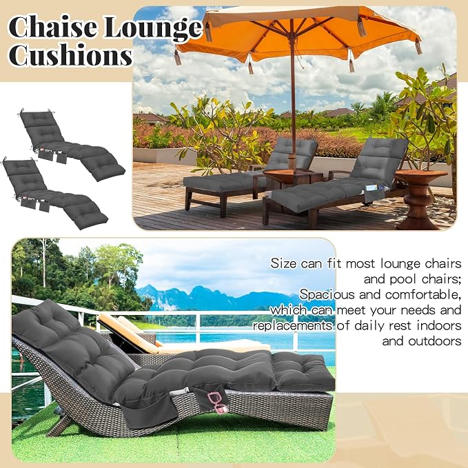 Kigley Outdoor Chaise Lounge Cushions with 3 Side Pocket 74.5 x 22 x 4.7 Inch Patio Chaise Lounge Cushion, Water-Repellent and Fade-Resistant Tufted Summer Replacement(2 Pcs,Dark Gray,Solid Color)
