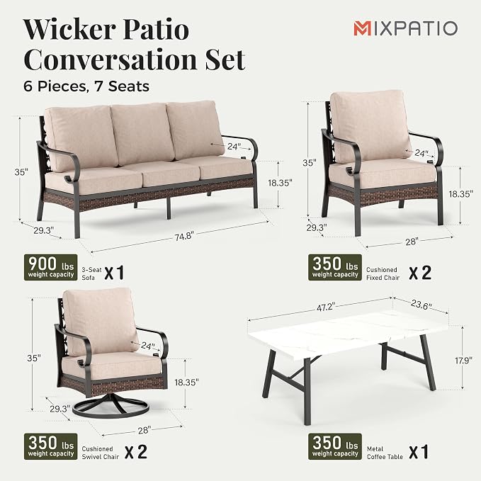 MIXPATIO Patio Furniture Set with Coffee Table, Outdoor Conversation Set with 2 x Fixed Chairs, 2 x Swivel Chairs, 1 x 3-Seat Sofa for Lawn Garden Backyard, Beige