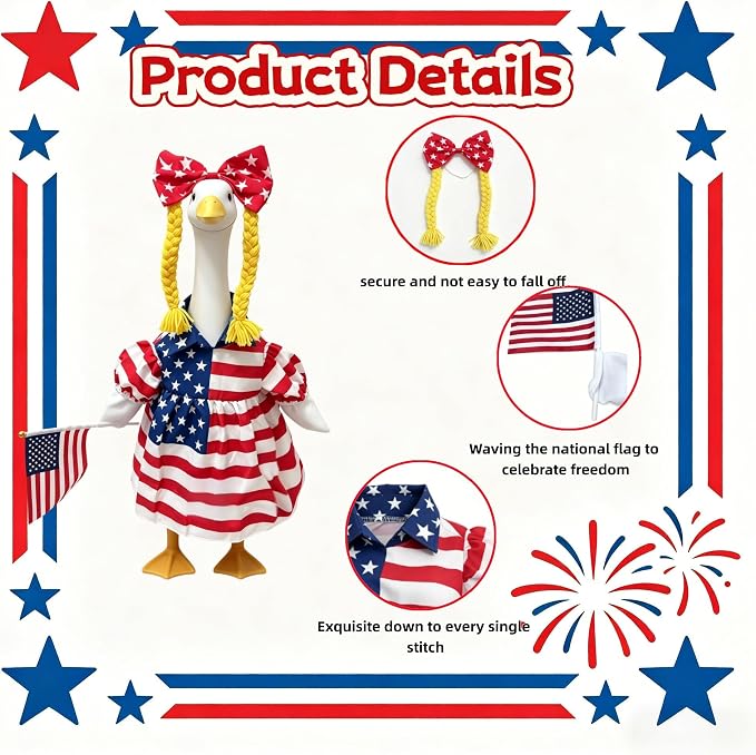 Patriotic Porch Goose Outfits, 23" Porch Goose 4th of July Outfits, Cute Independence Day Goose Clothes for Front Outdoor Patio Yard 250th Anniversary Decoration