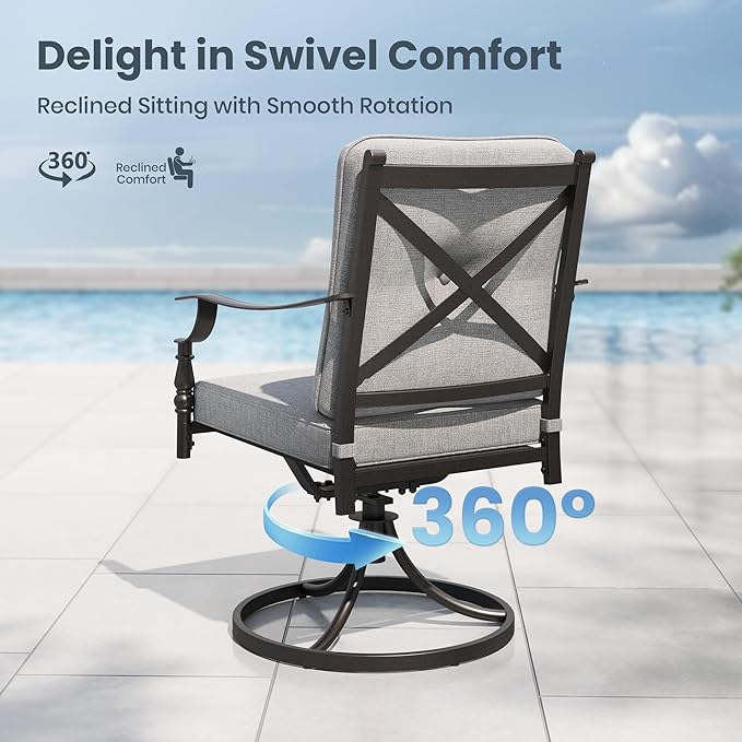 PHI VILLA Outdoor Steel Swivel Dining Chairs Set of 2, Heavy-Duty Rustproof Black Wrought Iron Armchairs with Thick Cushions, Large Seating Furniture for Patio, Deck, Backyard, Porch