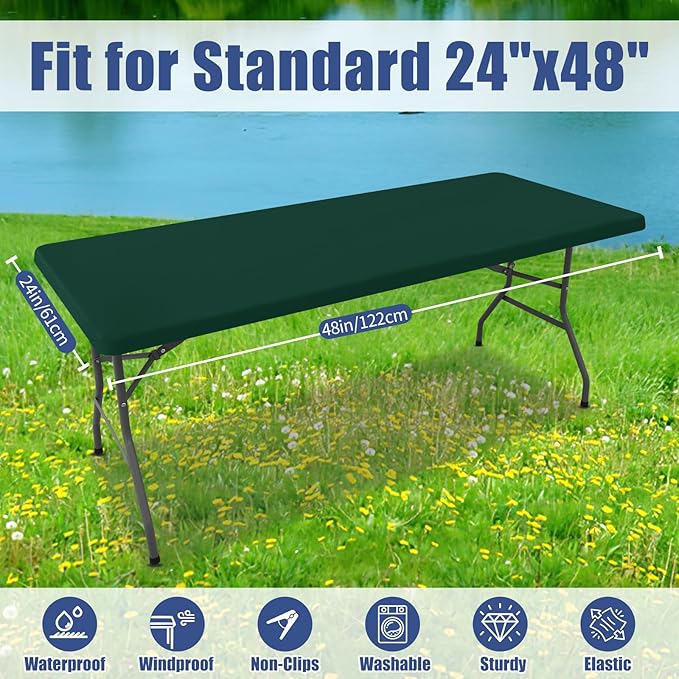 Moosfor Spandex 4 Foot Rectangle Table Cloth 2 Pack, Elastic Fitted Tablecloths for Picnic, Stretch Washable Patio Table Cover for Outdoor, Camping, Banquet and Parties (Hunter Green, 24"x48")