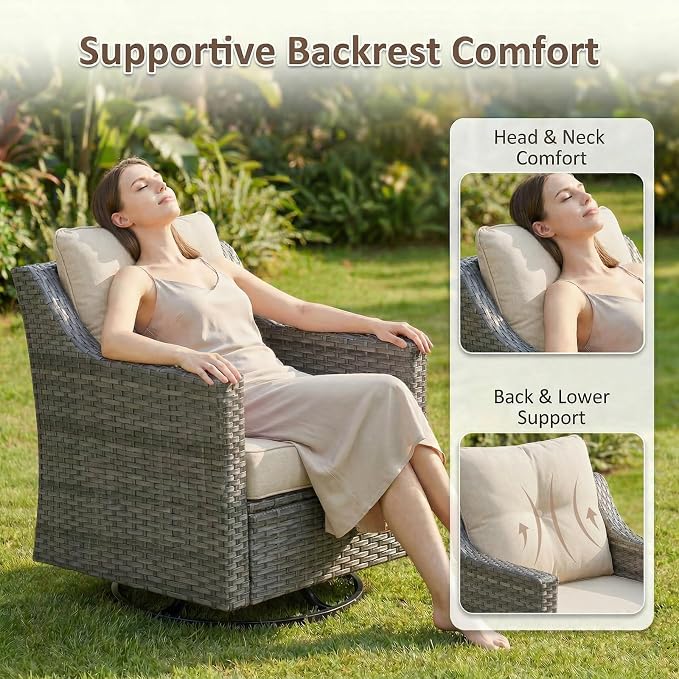3-Piece Outdoor Patio Furniture Set, Grey Wicker Conversation Set with 2 Swivel Chairs and Side Table, 6-Inch Beige Olefin Cushions for Porch, Deck, Balcony