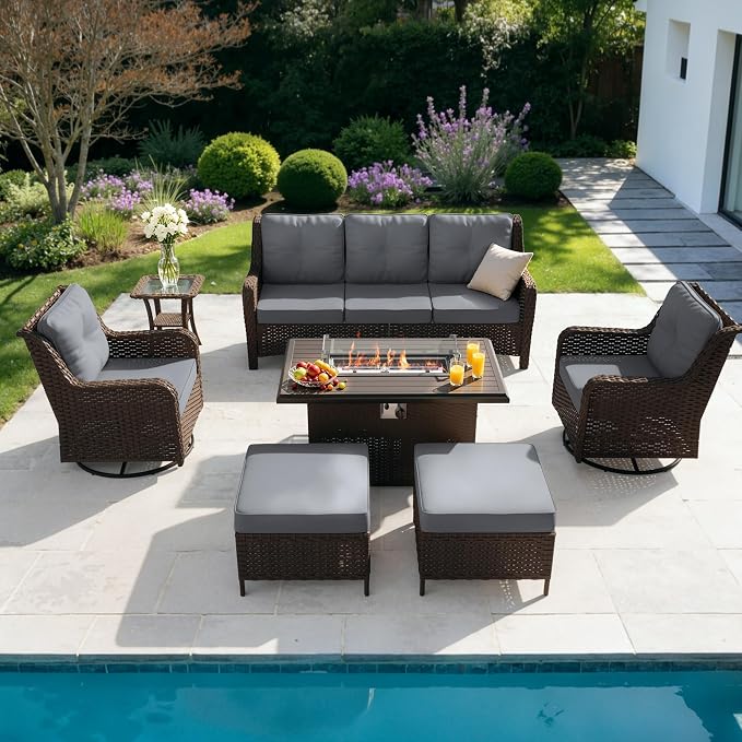 Kullavik 7 Pieces Patio Furniture Set,All-Weather Wicker High Back Outdoor Swivel Rocker Patio Chairs with Fire Pit Table & Thick Cushions,Paito Conversation Set for Porch,Deck,Grey