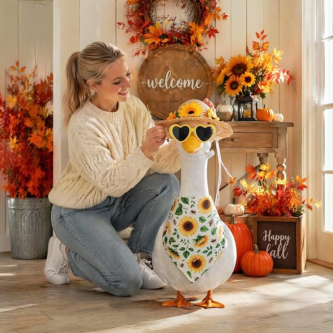 3Pcs Sunflower Outfit for Porch Goose - Fall Autumn Bowknot Straw Hat, Glasses with Bib Accessories for 23'' Cement Statue, Garden Lawn Thanksgiving Halloween Outdoor Decoration