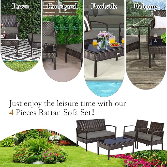 Tangkula 8-PCS Wicker Patio Conversation Furniture Set, Outdoor Rattan Chair and Table Set, Patio Furniture Sets with Coffee Table & Washable Cushions for Courtyard Balcony Garden (2, Brown)