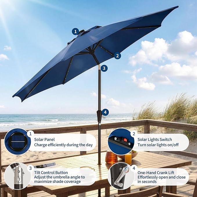 Garvee 9FT Patio Umbrella with 32 Solar LED Lights, Outdoor Table Market Umbrella with Tilt and Crank, 8 Sturdy Iron Ribs Sun Shade for Garden, Deck, Backyard and Pool, Navy Blue